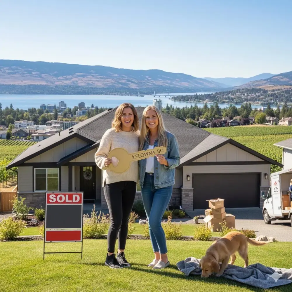 First-time home buyers celebrating with sold sign in front of Kelowna home