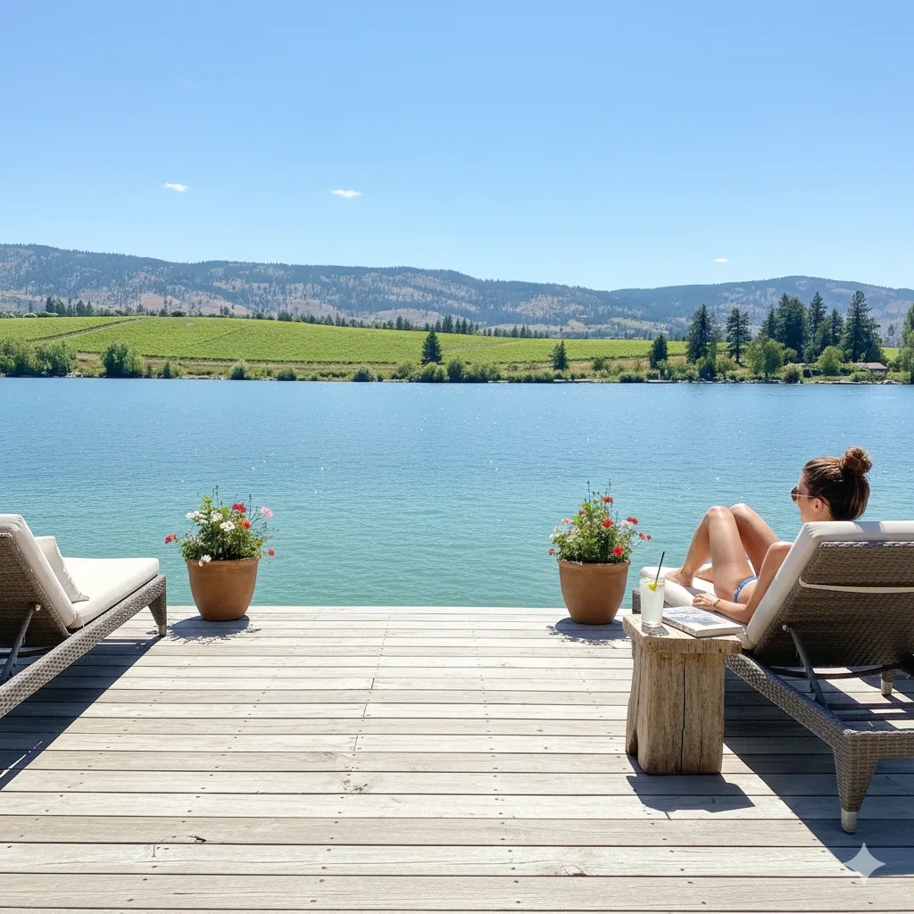 Relaxing on a private dock overlooking Okanagan Lake in Peachland during summer