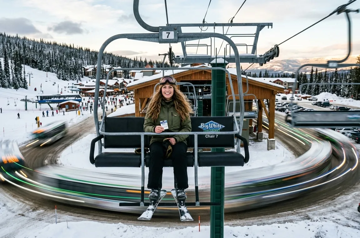 Young woman enjoying ski lift at Big White ski resort near Kelowna