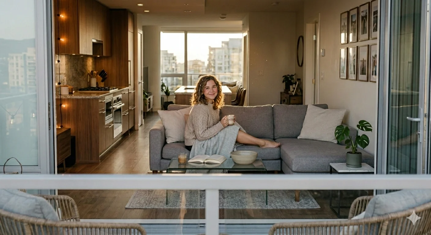 Woman enjoying coffee in Kelowna condo