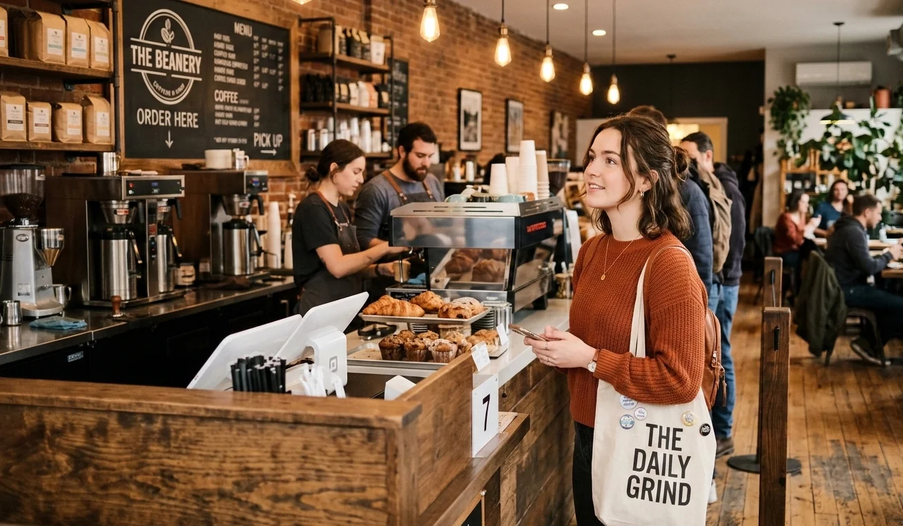 Woman enjoying coffee at a local Kelowna cafe