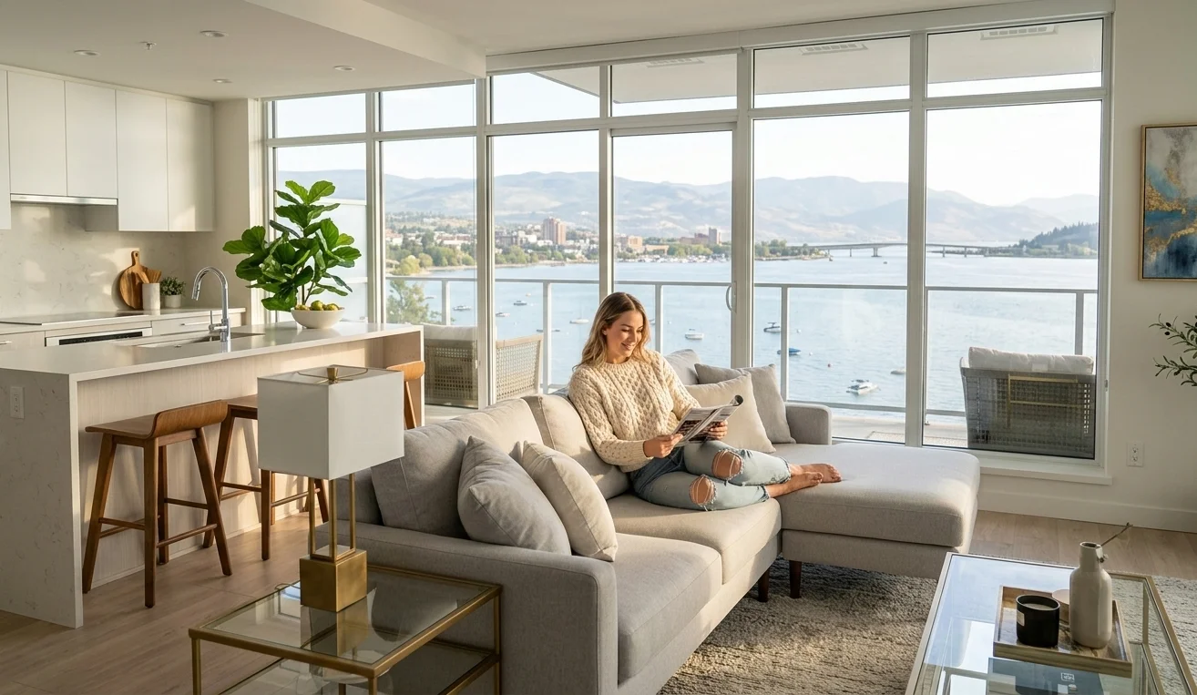Woman in West Kelowna condo with lake view