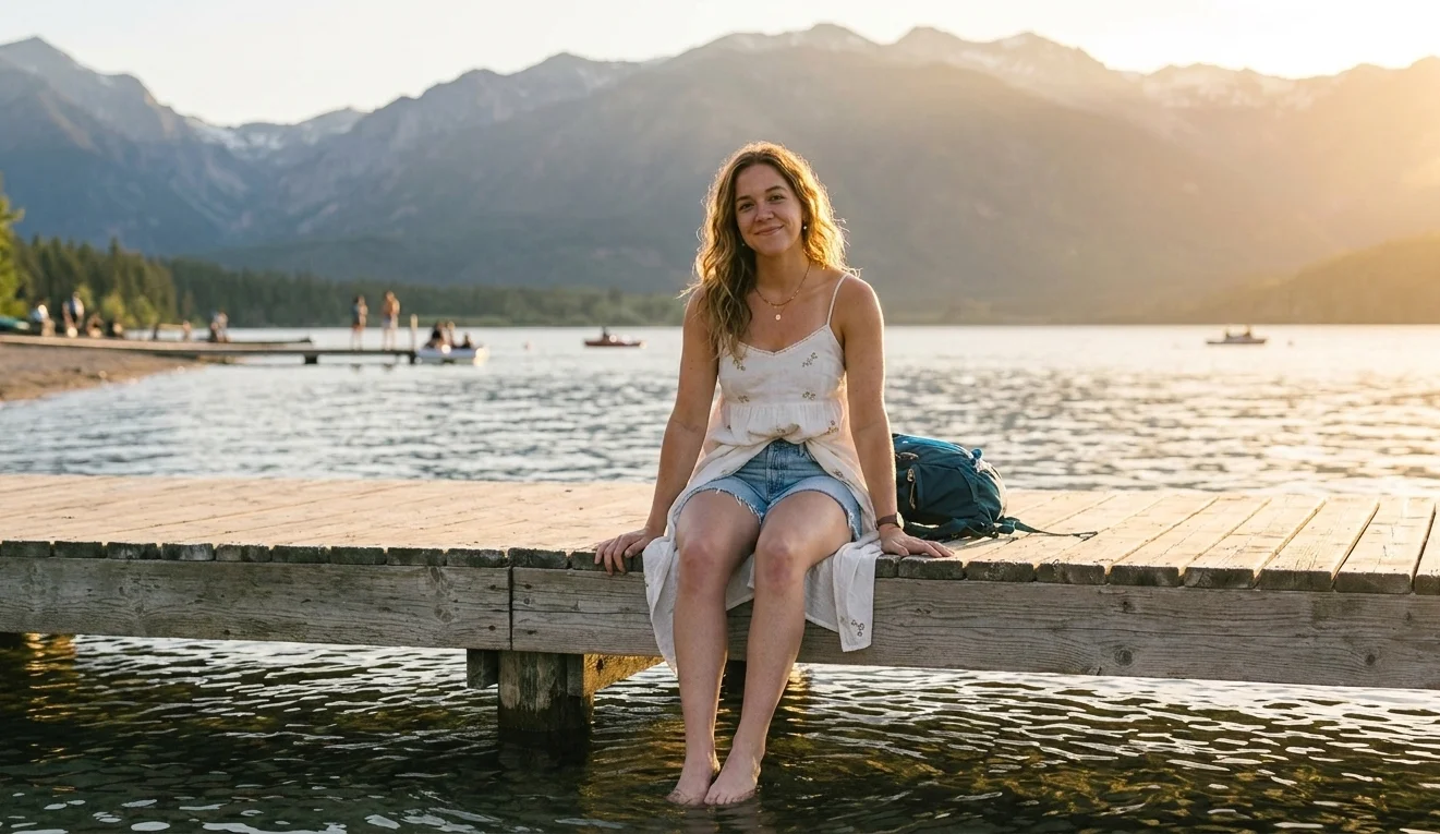 Woman relaxing on Okanagan Lake dock