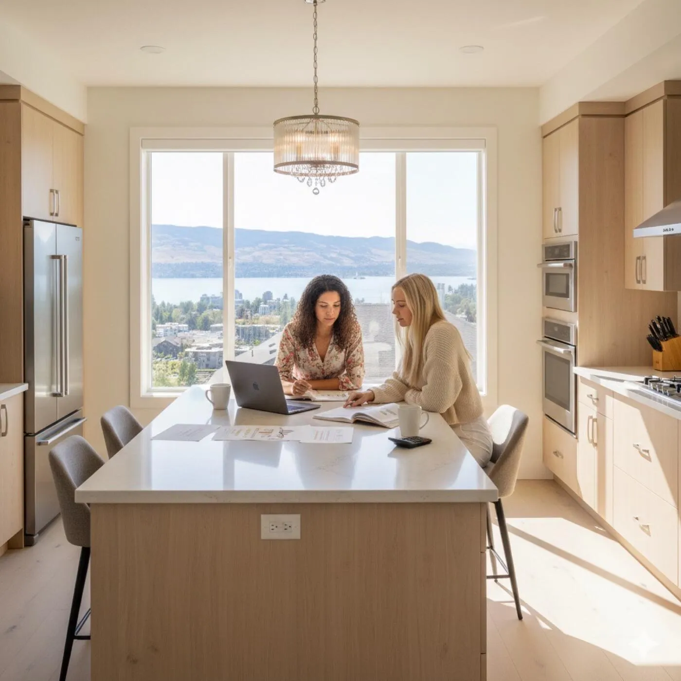 Two women discussing real estate paperwork at a kitchen table