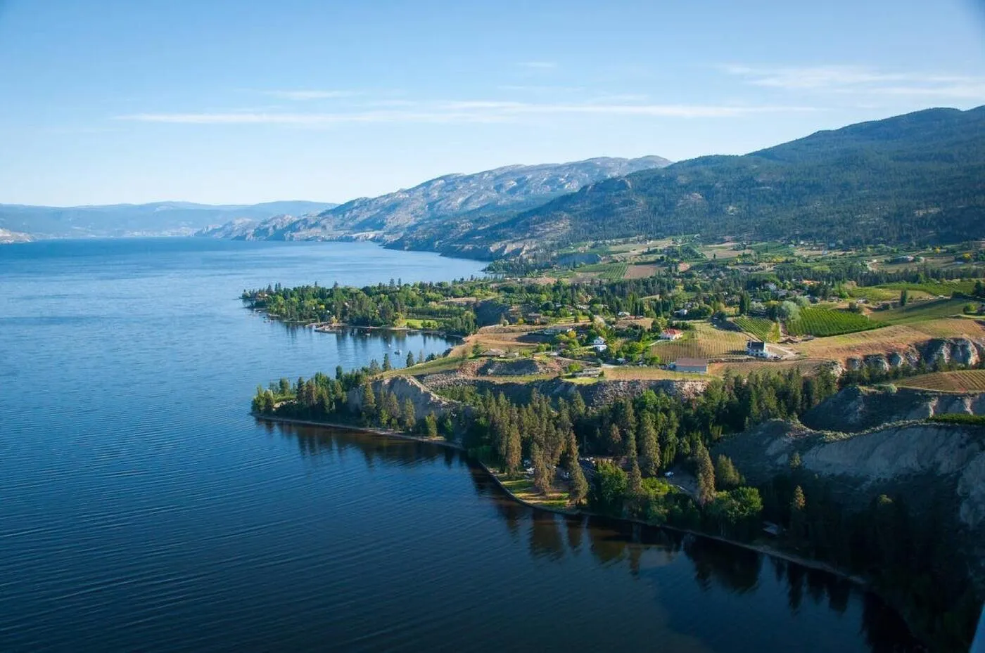 Aerial view of Okanagan Lake coastline near Summerland and Naramata with vineyards