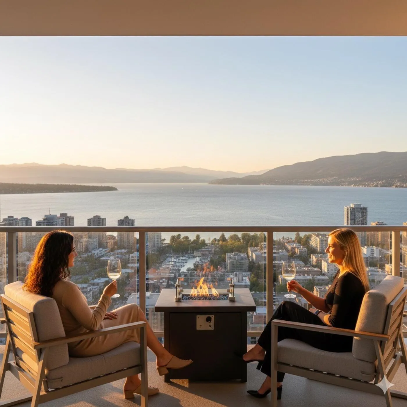 Enjoying wine on a condo balcony overlooking Okanagan Lake at sunset in Penticton