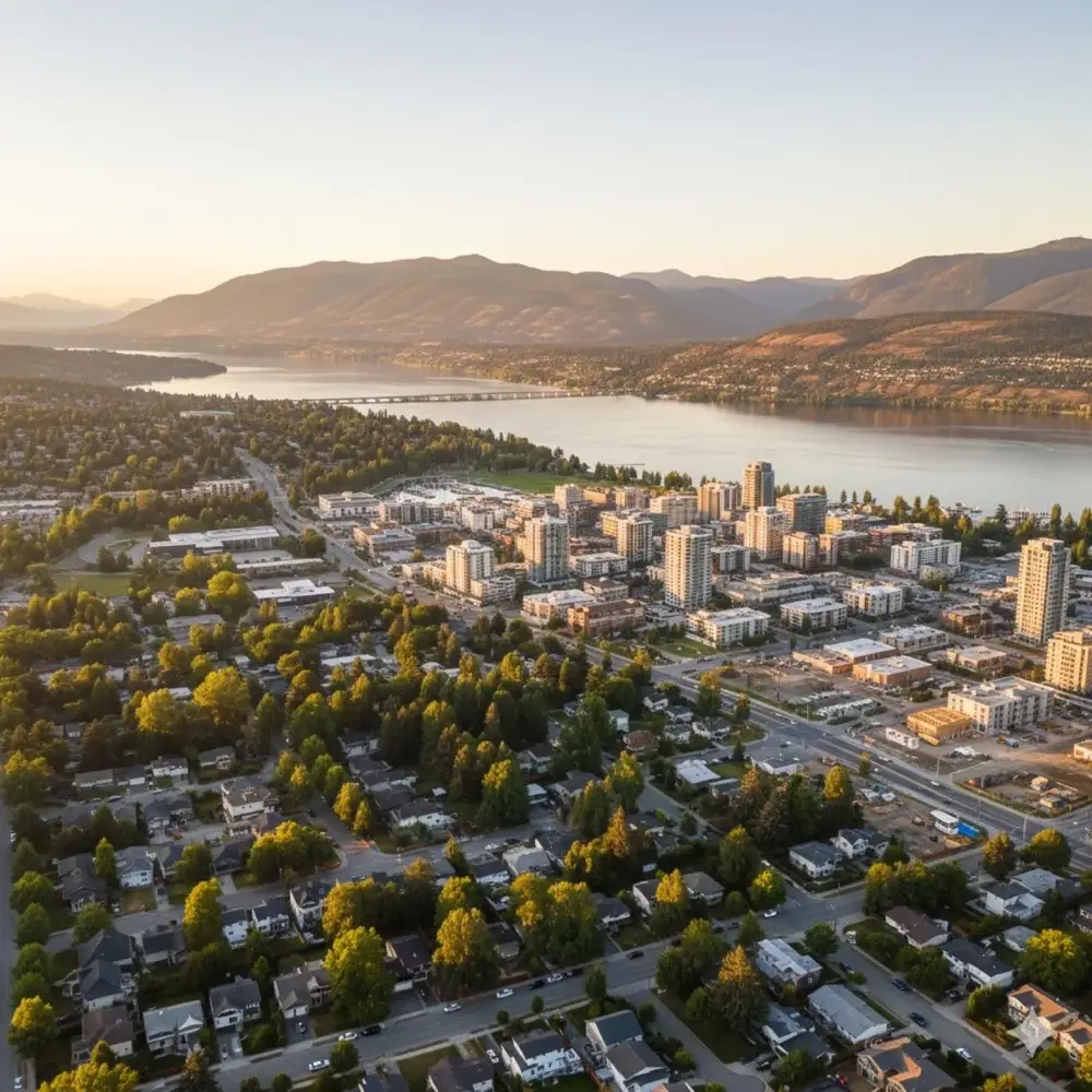 Aerial view of downtown Kelowna and Okanagan Lake real estate market