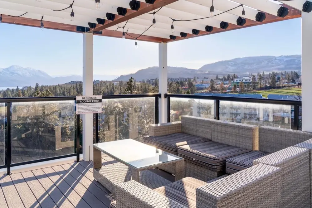 Rooftop patio with Okanagan mountain view in West Kelowna